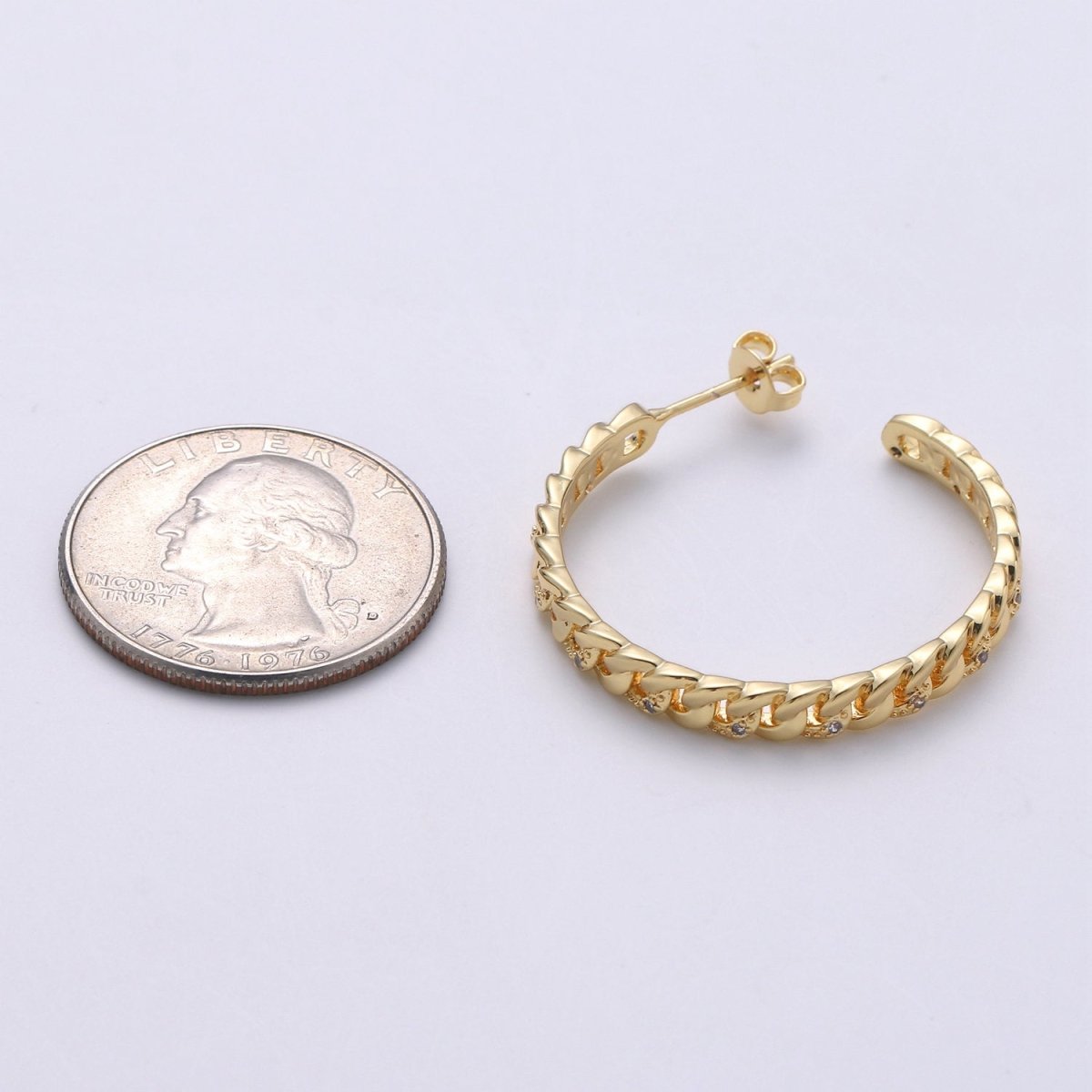 Gold Filled Curb Chain Link 30mm C Shaped Hoop Stud Earrings in Gold & Silver Q-191 Q-192 - DLUXCA