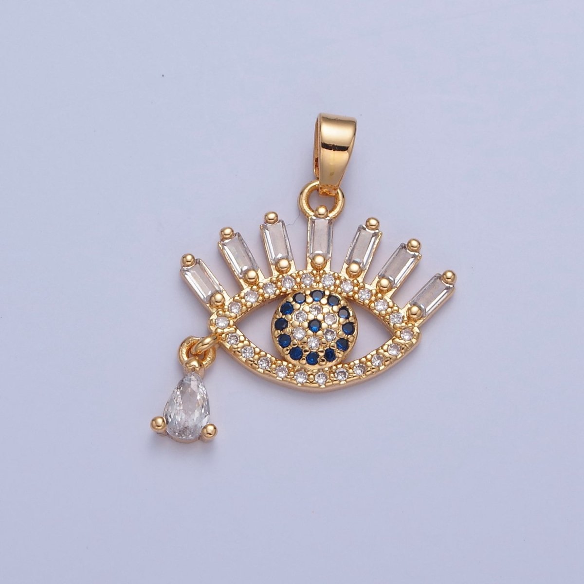 Gold Filled CZ Evil Eye Pendant, Clear & Blue Micro Pave Eye of Ra, Baguette & Teardrop Cubic Zirconia Protection Charm For Jewelry Making H-015 - DLUXCA