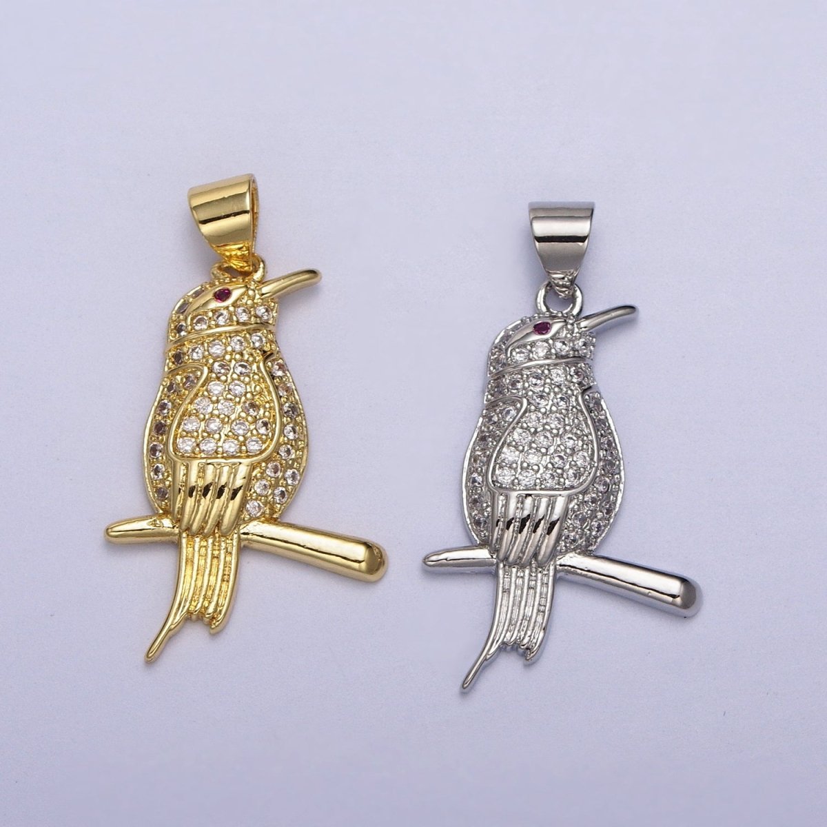 Gold-Filled CZ Micro Paved Fuchsia-Eyed Bird Perched on Branch Pendant in Gold & Silver | AA004 AA005 - DLUXCA