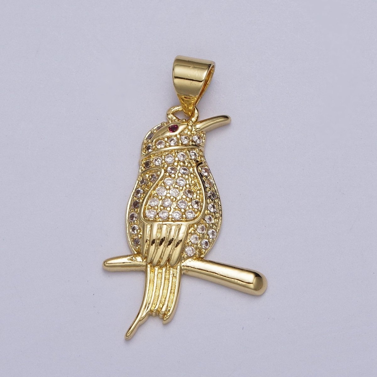 Gold-Filled CZ Micro Paved Fuchsia-Eyed Bird Perched on Branch Pendant in Gold & Silver | AA004 AA005 - DLUXCA