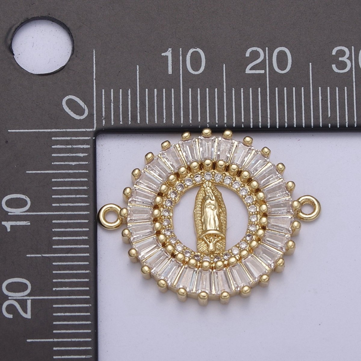 Gold Filled CZ Virgin Mary On Round Coin Shape Connector, 14K Gold Filled Lady of Guadalupe Baguette Link Connector F-173 - DLUXCA