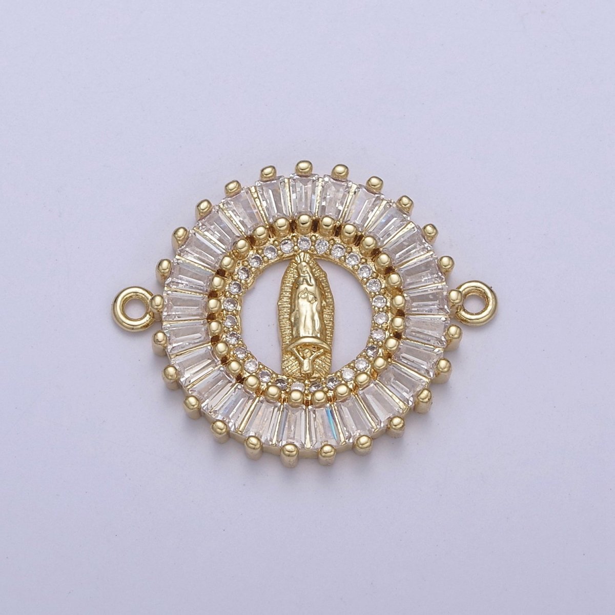 Gold Filled CZ Virgin Mary On Round Coin Shape Connector, 14K Gold Filled Lady of Guadalupe Baguette Link Connector F-173 - DLUXCA