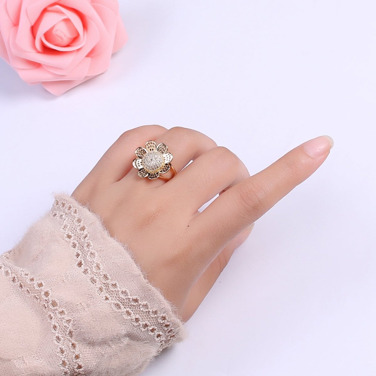 Gold Filled Daisy Flower Ring - Statement Flower Ring - Stackable Ring - 3D Flower Ring Size 7,8,9 U-102~U-104 - DLUXCA