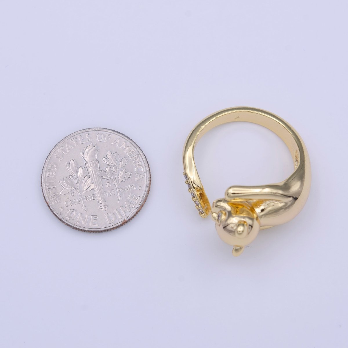 Gold Filled Dog Pug Chasing Tail Micro Paved CZ Adjustable Ring | Y-418 - DLUXCA