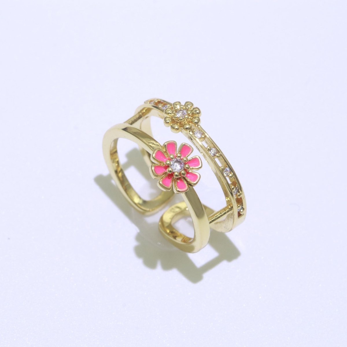 Gold Filled Double band Daisy Ring Enamel Open Adjustable Ring Flower Floral Jewelry O-466 ~ O-475 - DLUXCA