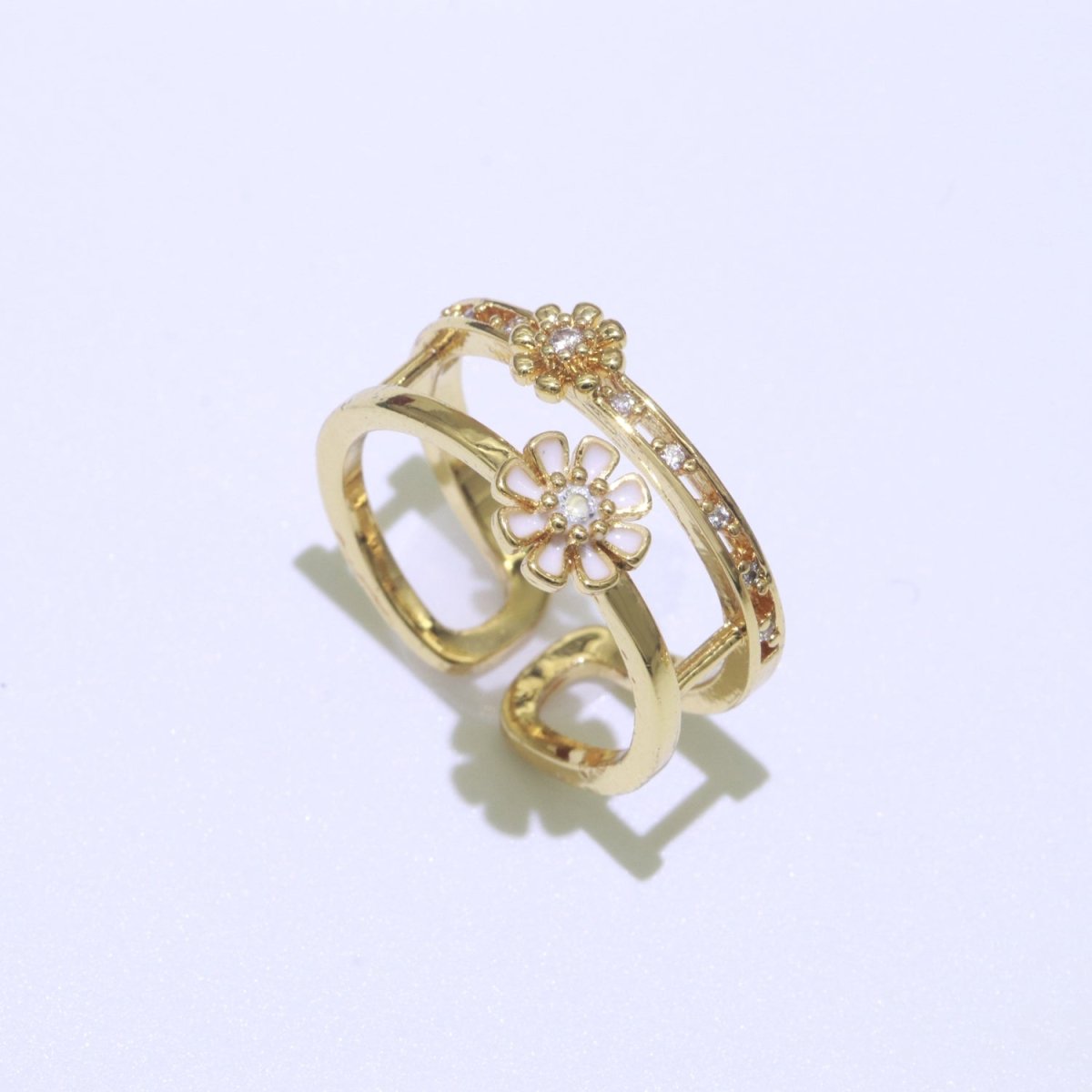 Gold Filled Double band Daisy Ring Enamel Open Adjustable Ring Flower Floral Jewelry O-466 ~ O-475 - DLUXCA