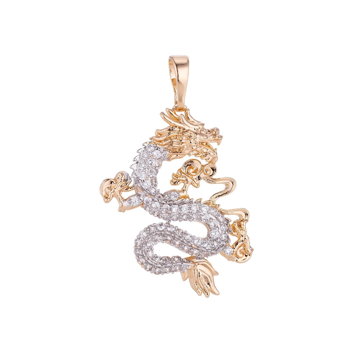 Gold Filled Dragon Pendant Cubic Zirconia CZ Micro Pave Dragon Fantasy For Statement Necklace Jewelry Making H-627 - DLUXCA