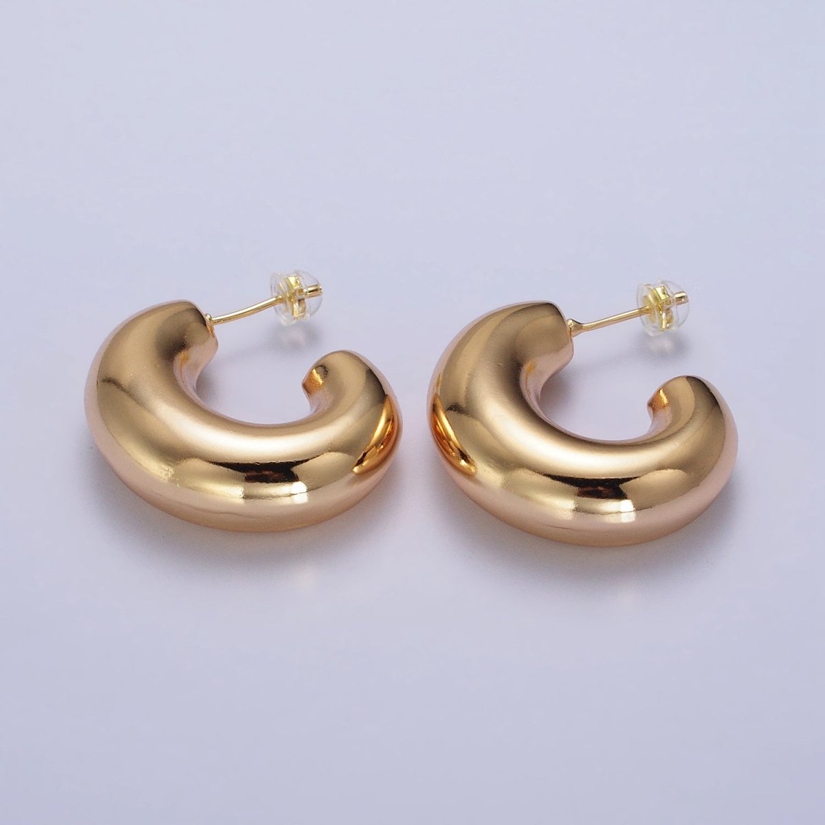 Gold Filled Edged Wide Chubby Geometric J-Shaped Hoop Earrings in Gold & Silver | AB-340 AB-341 - DLUXCA