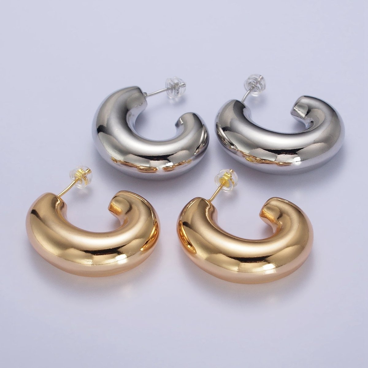 Gold Filled Edged Wide Chubby Geometric J-Shaped Hoop Earrings in Gold & Silver | AB-340 AB-341 - DLUXCA
