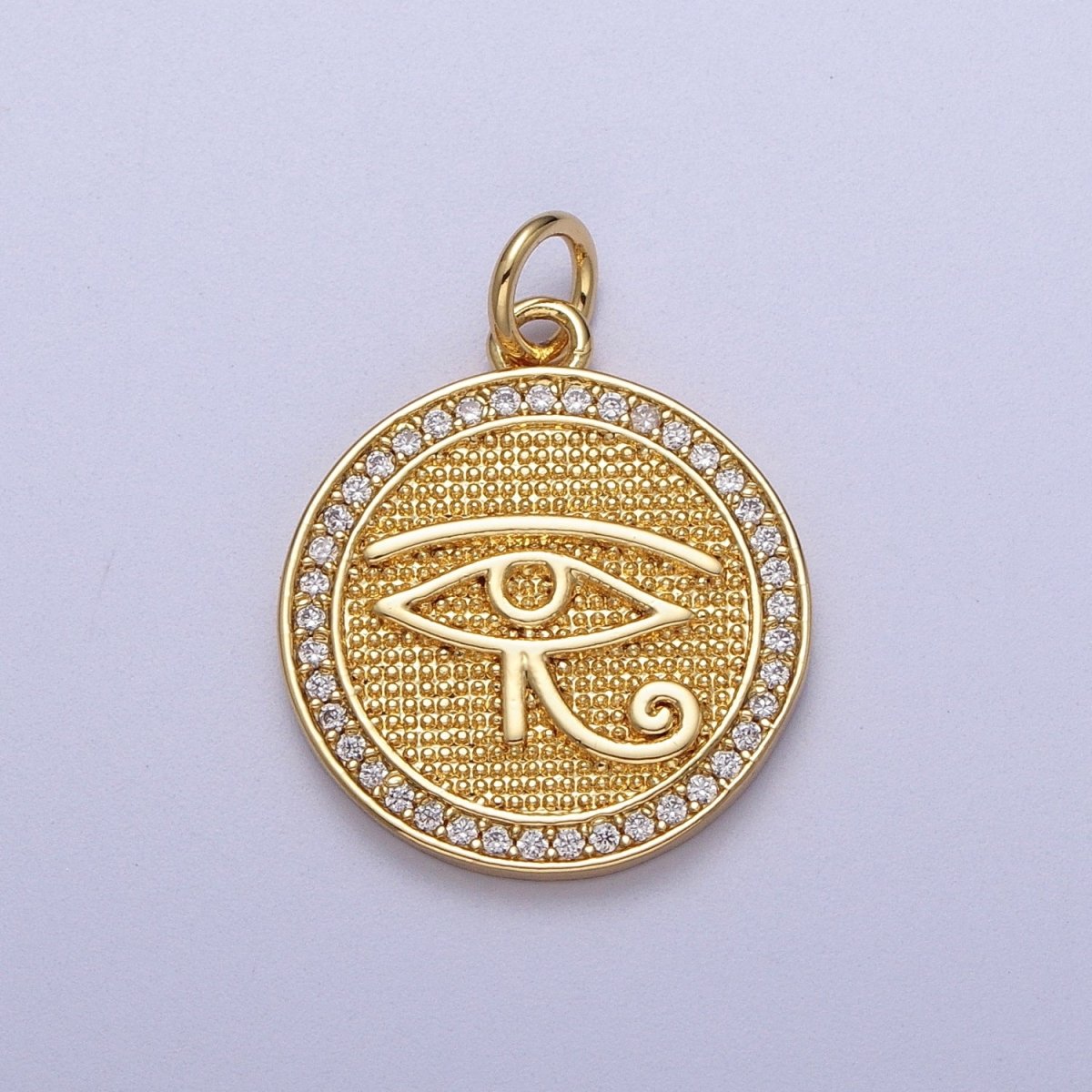 Gold Filled Egyptian Eye of Ra 17mm Micro Paved CZ Textured Round Charm in Gold & Silver | C-343 C-352 - DLUXCA