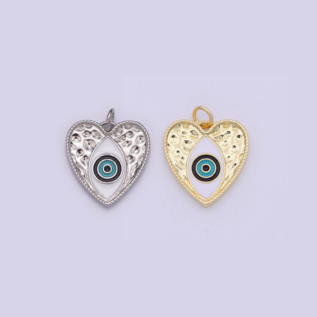 Gold Filled Evil Eye Enamel Heart Hammered Charm in Silver & Gold N-207 N-239 - DLUXCA