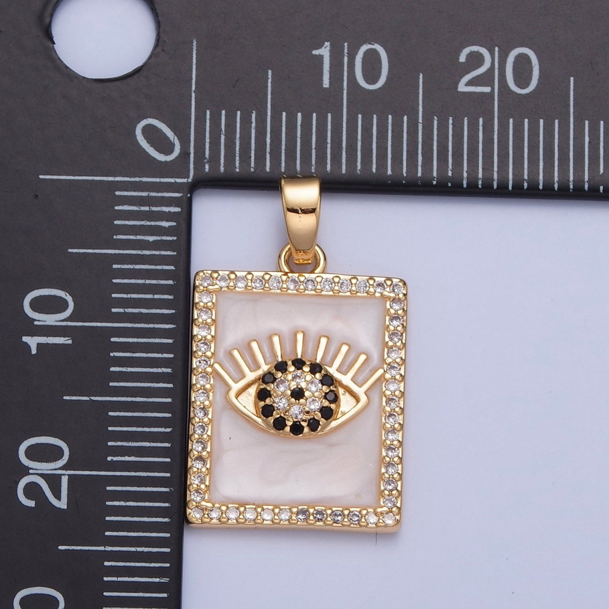 Gold Filled Evil Eye Tag Pendant, Micro Pave Black & Clear CZ with White Enamel Eye of Ra Protection Tile Pendant H-064 - DLUXCA