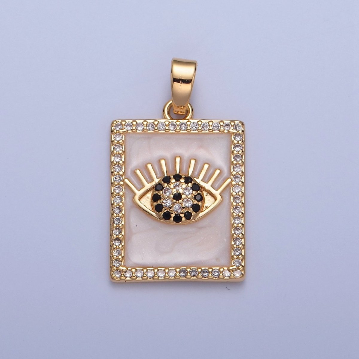 Gold Filled Evil Eye Tag Pendant, Micro Pave Black & Clear CZ with White Enamel Eye of Ra Protection Tile Pendant H-064 - DLUXCA