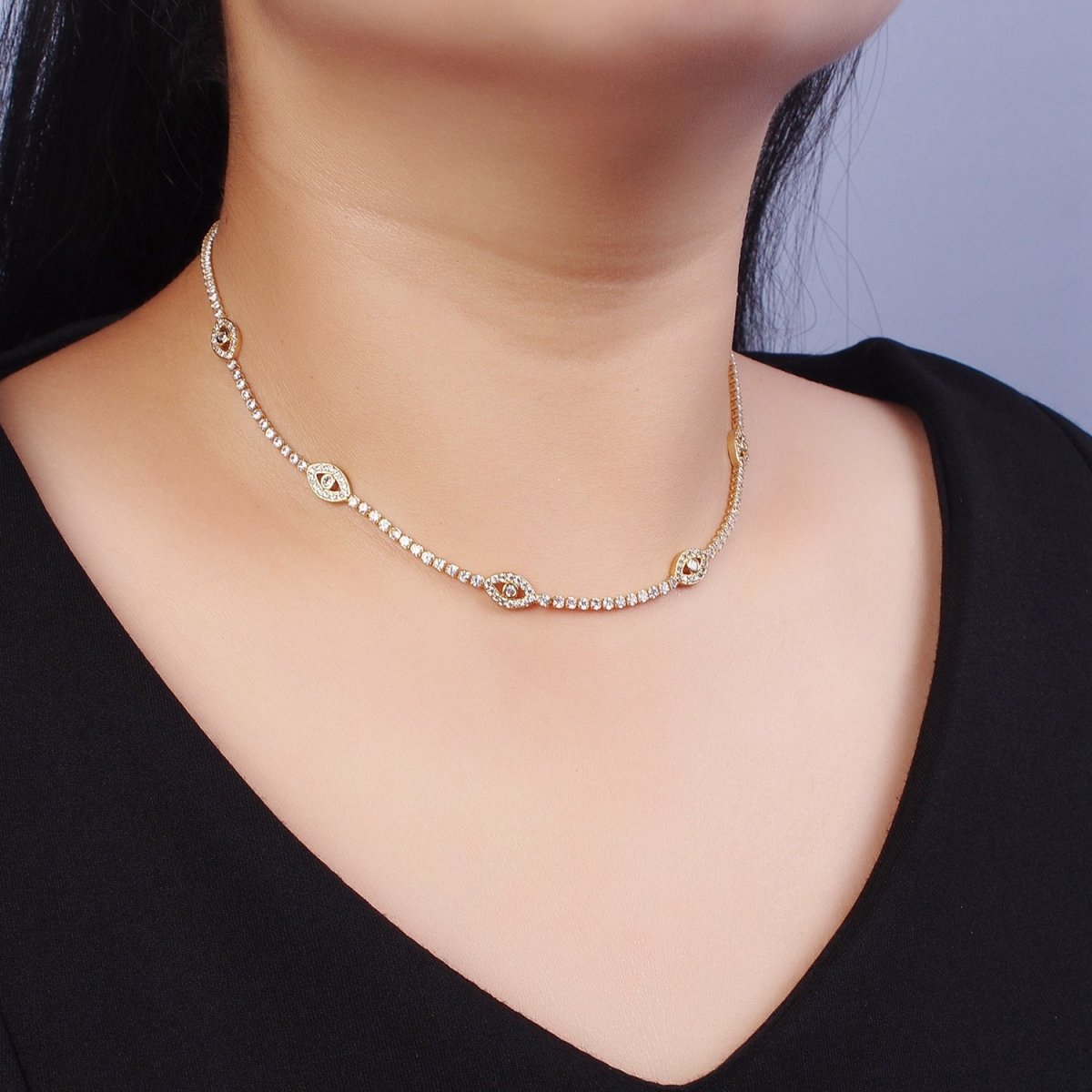 Gold Filled Evil Eye Tennis Chain 14 Inch Choker Necklace in Gold & Silver | WA-1309 WA-1310 - DLUXCA