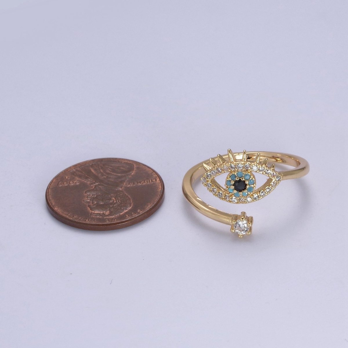 Gold Filled Eye Ring, Evil Eye Zircons Ring, CZ Eye Ring Good Luck Open Adjustable Ring U-351 - DLUXCA