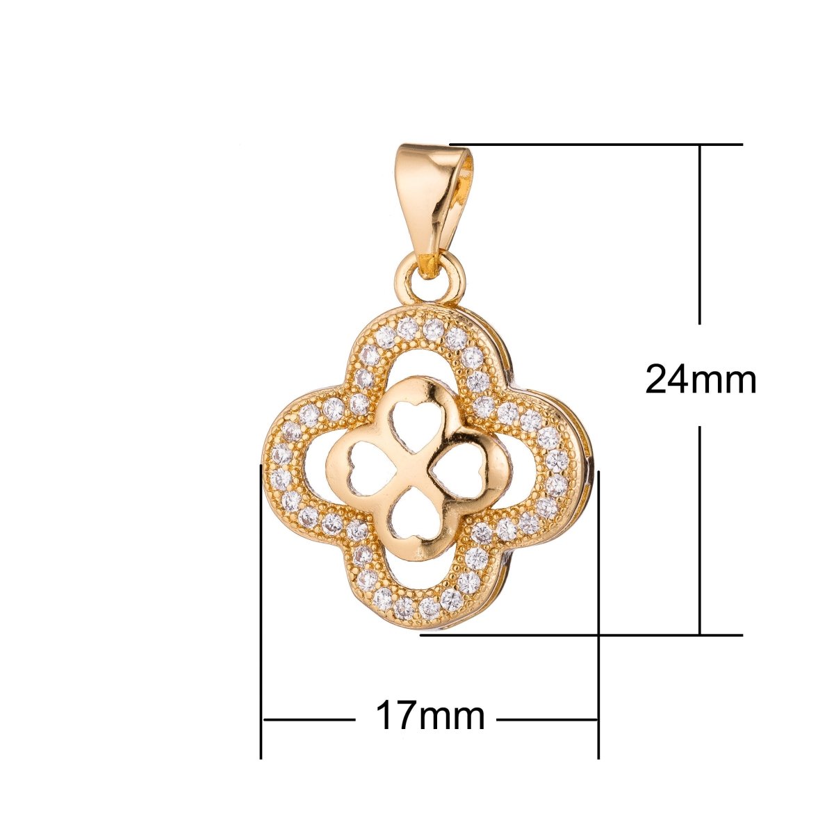 Gold Filled four leaf clover Flower Hearts, lucky Lover Heaven, Love, Romantic, Cubic Zirconia Necklace Pendant Charm for jewelry making I-346 - DLUXCA