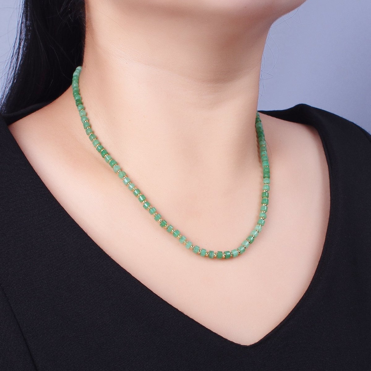 Gold Filled Green Aventurine Rondelle Heishi Gemstone Gold Spacer Beads 15.5 Inch Choker Necklace | WA-1432 Clearance Pricing - DLUXCA