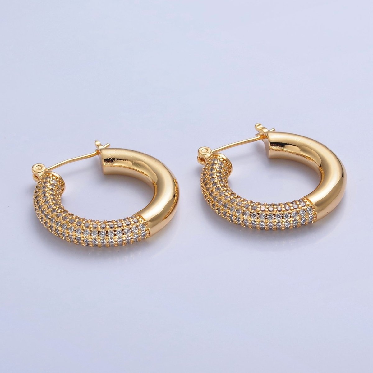 Gold Filled Half Micro Paved Cubic Zirconia 30mm Hoop Latch Earrings in Silver & Gold | T-514 T-515 - DLUXCA