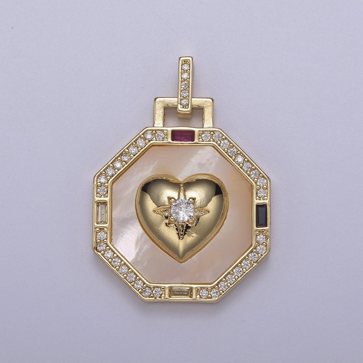 Gold Filled Heart Medallion Pink Shell Pearl Medallion Charm for Layering Necklace Octagon Geometric Charm J-362 - DLUXCA