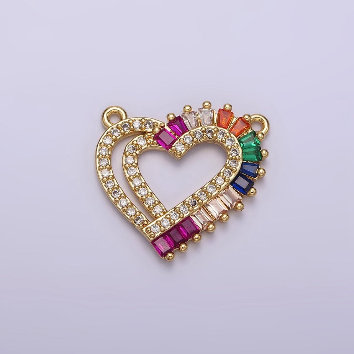 Gold Filled Heart Multiple Band Multicolor Baguette Micro Paved CZ Connector G-653 - DLUXCA