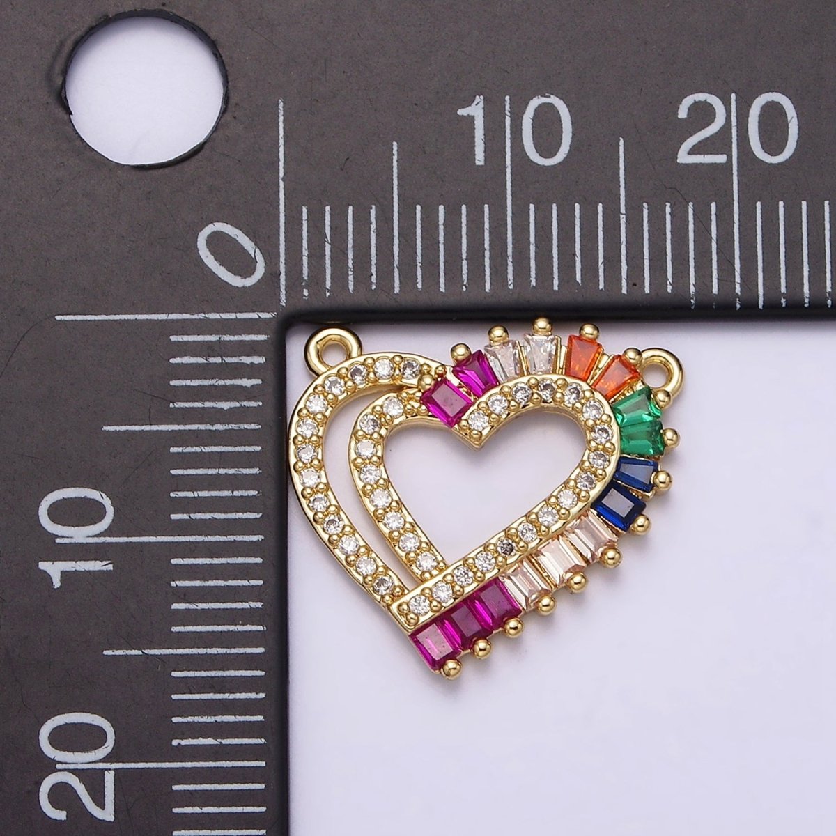 Gold Filled Heart Multiple Band Multicolor Baguette Micro Paved CZ Connector G-653 - DLUXCA
