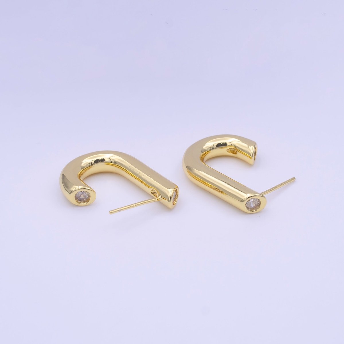 Gold Filled J-Shaped Bar CZ Studs Minimalist Earrings | Y-222 - DLUXCA