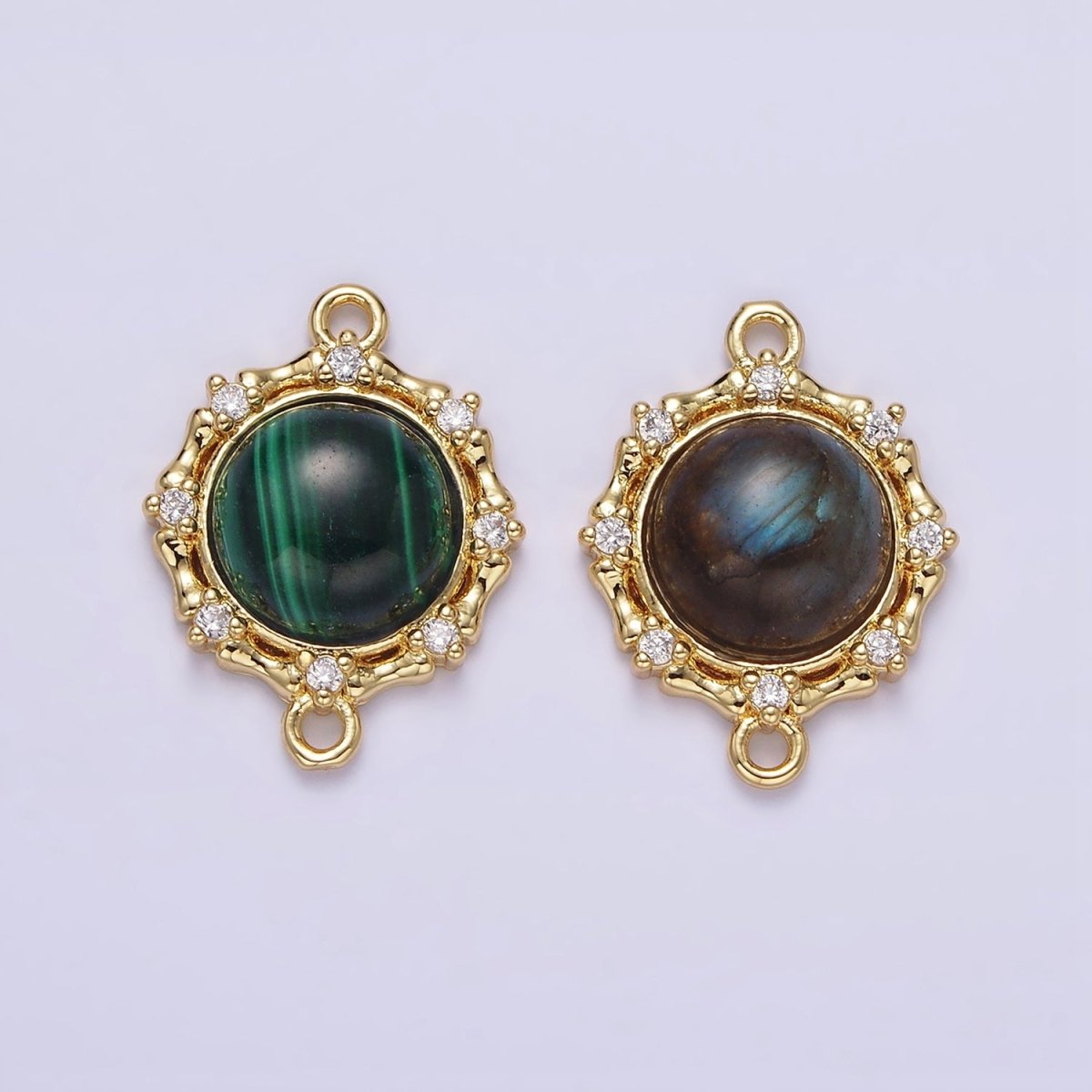 Gold Filled Malachite, Labradorite Clear CZ Dotted Outline Round Connector G-670 G-671 - DLUXCA