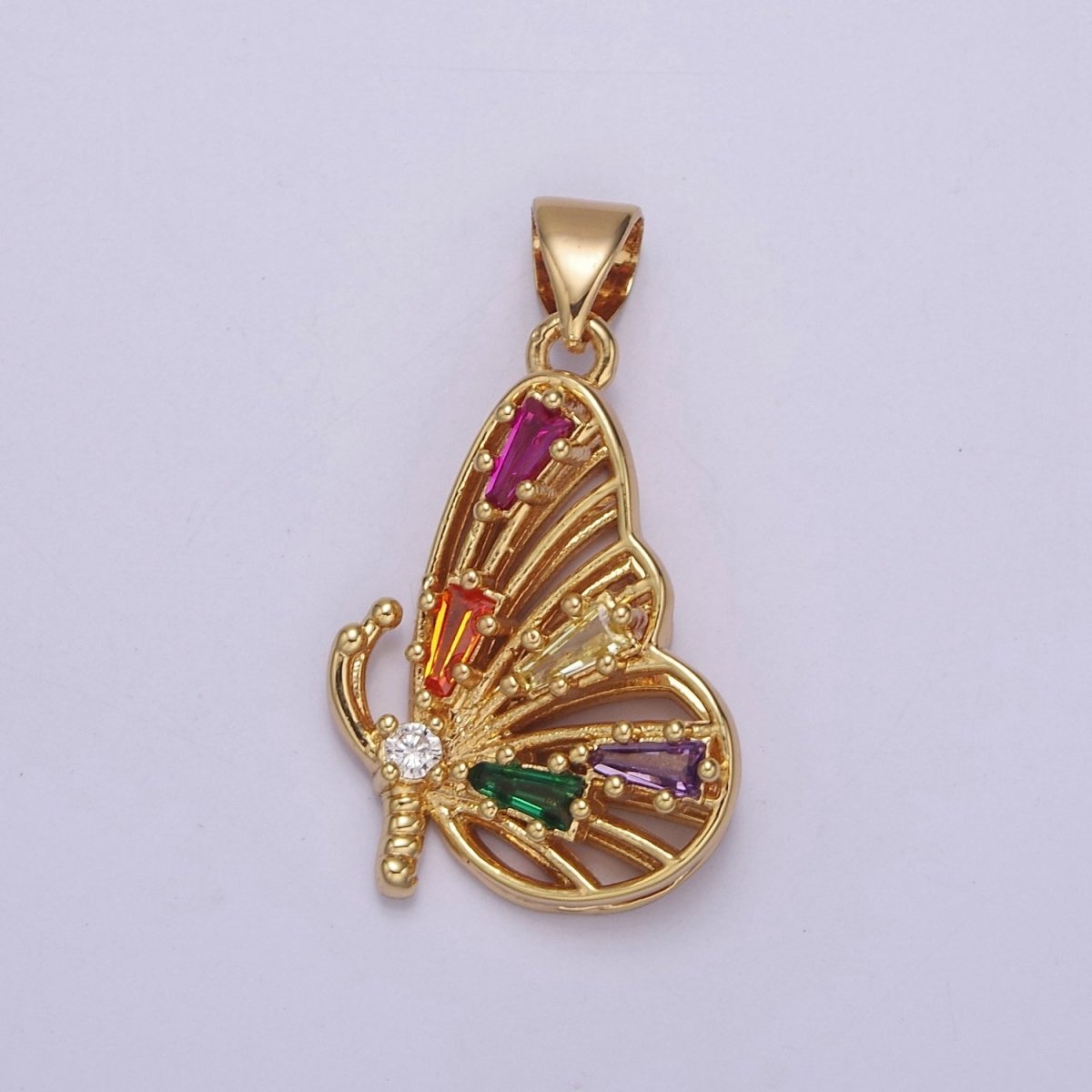 Gold Filled Mariposa Butterfly Pendant with Baguette Cubic Zirconia CZ Wings J-340 - DLUXCA