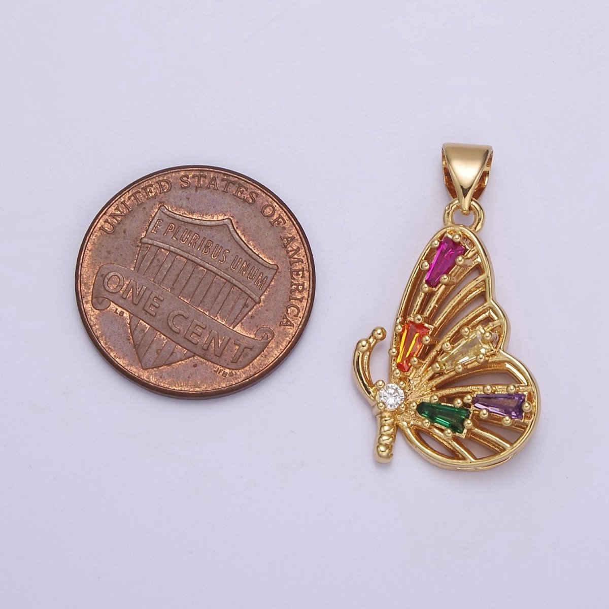 Gold Filled Mariposa Butterfly Pendant with Baguette Cubic Zirconia CZ Wings J-340 - DLUXCA