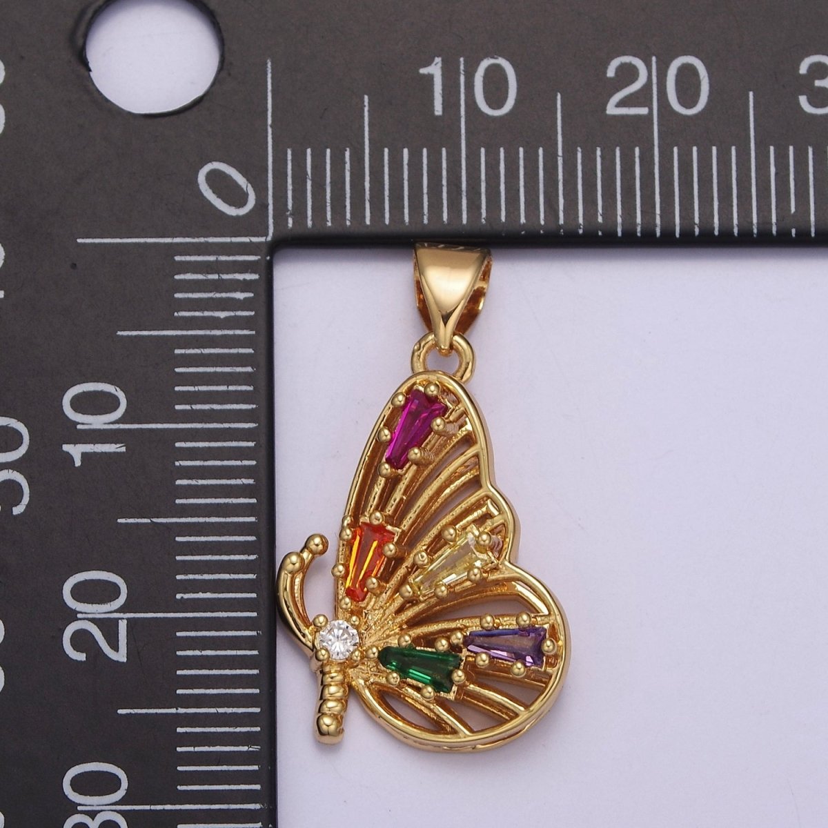 Gold Filled Mariposa Butterfly Pendant with Baguette Cubic Zirconia CZ Wings J-340 - DLUXCA