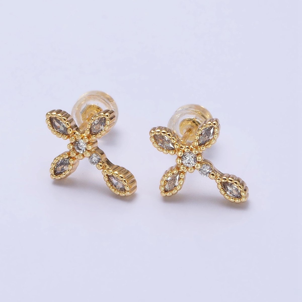 Gold Filled Marquise CZ Religious Cross Stud Earrings in Silver & Gold | AB378 AB559 - DLUXCA