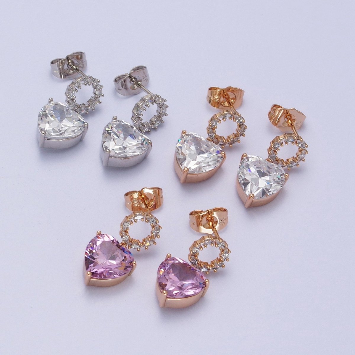 Gold Filled Marquise Round Stud Earring; Clear, Pink CZ Heart Drop Dangle Earrings in Gold & Silver | Y-307~Y-309 - DLUXCA
