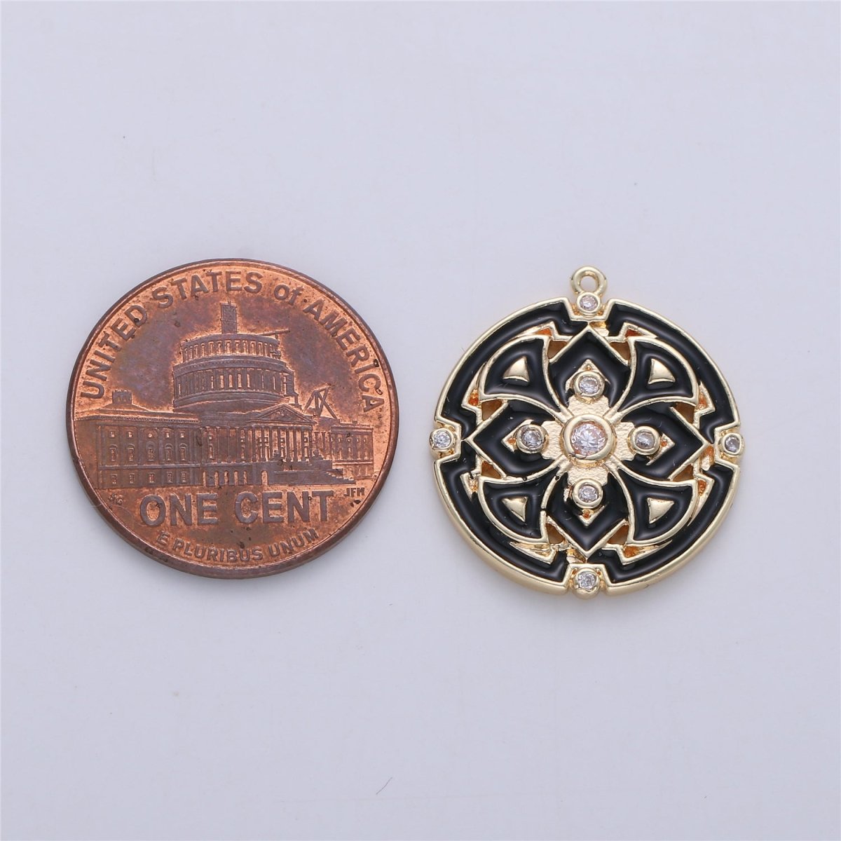 Gold Filled Micro Pave Black White Enamel Round Disc Charms Medallion Pendant, Enamel Pendant, Round Enamel C-620 - DLUXCA