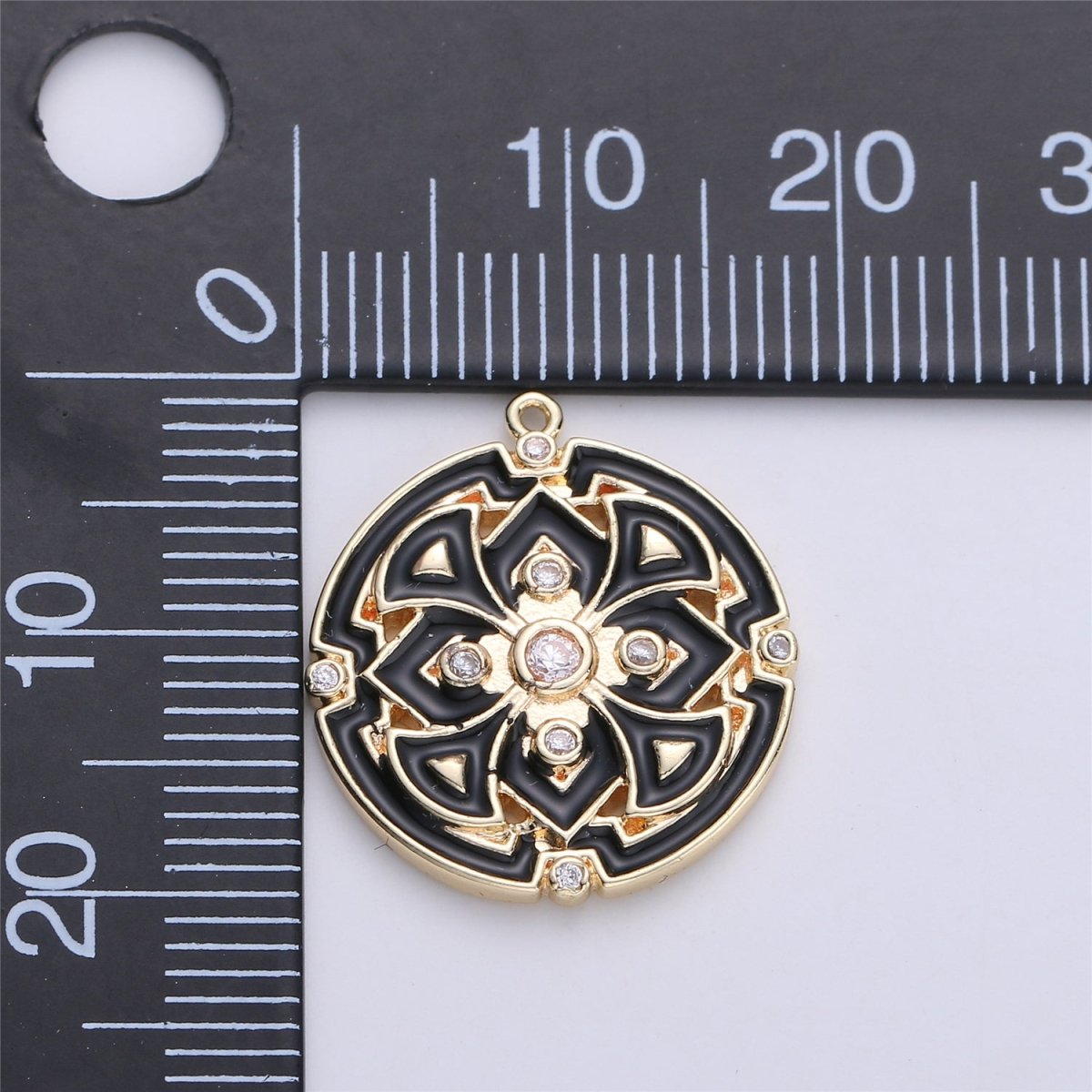 Gold Filled Micro Pave Black White Enamel Round Disc Charms Medallion Pendant, Enamel Pendant, Round Enamel C-620 - DLUXCA