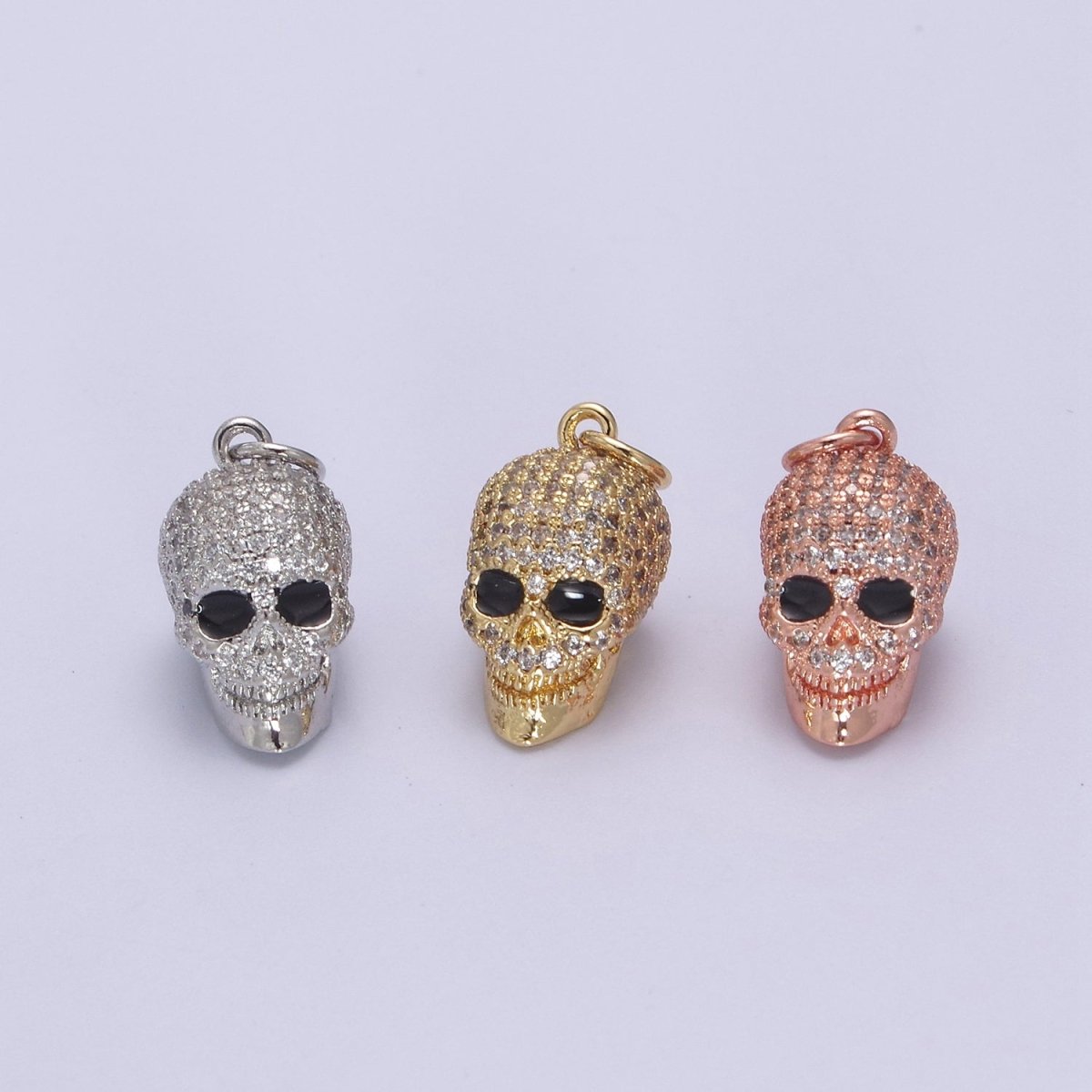 Gold Filled Micro Paved Clear CZ 3D Black Eyed Skull Skeleton Charm in Gold, Silver, Rose Gold N-824 N-825 N-826 - DLUXCA