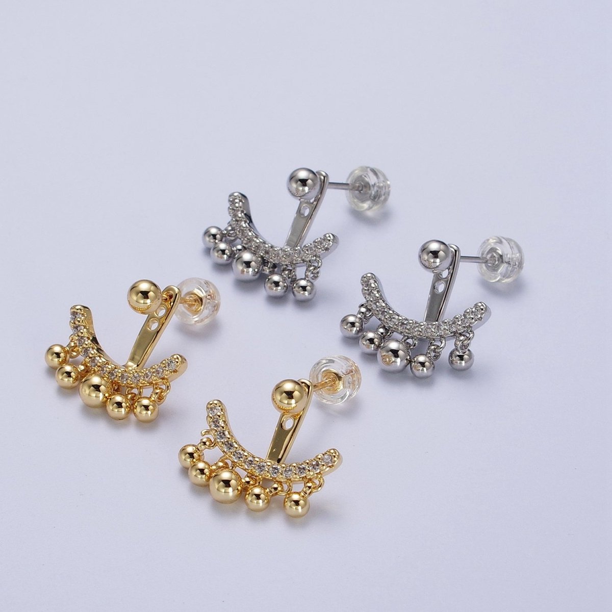 Gold Filled Micro Paved CZ Arc Line Bead Drop Earring Jacket in Gold & Silver | Y-256 Y-257 - DLUXCA