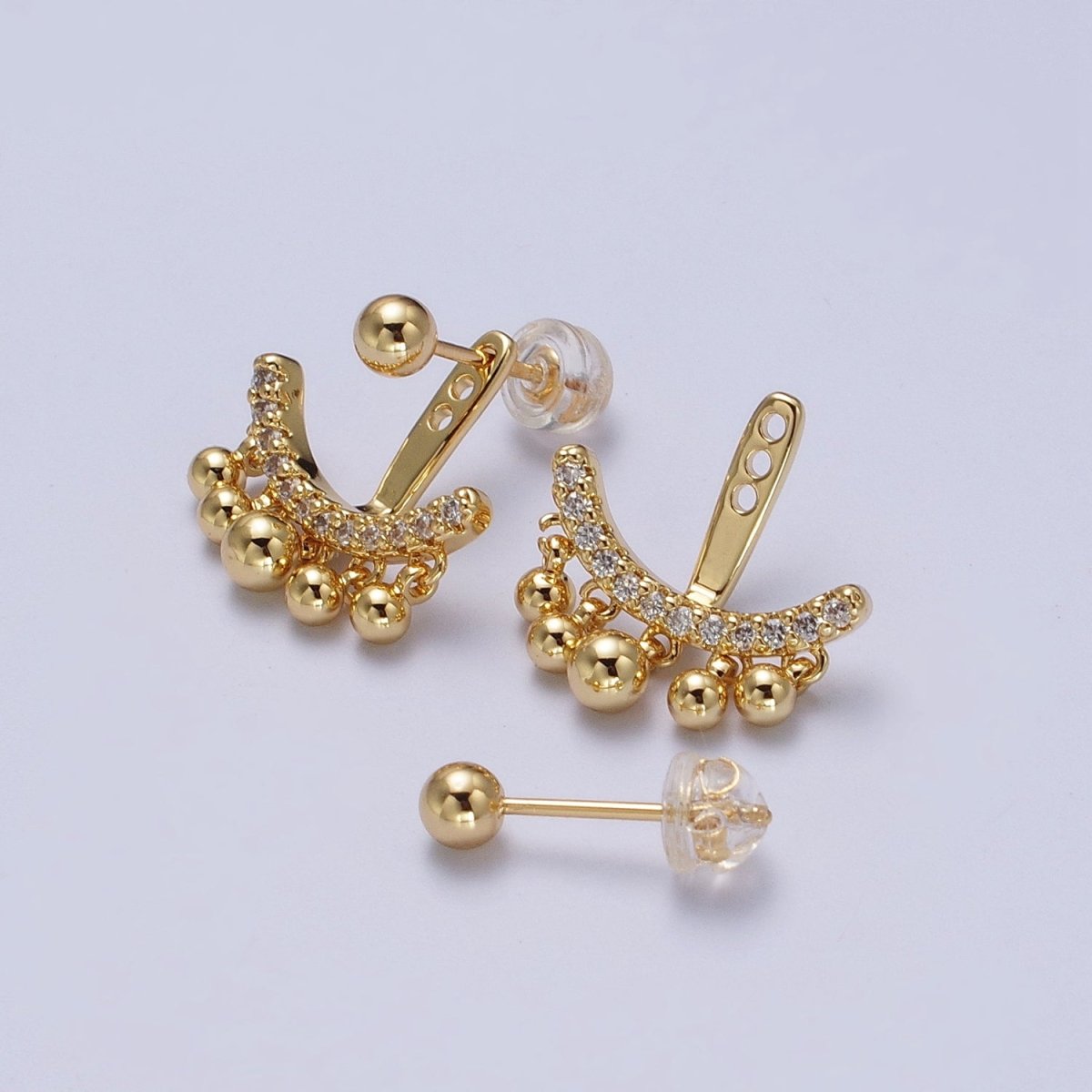 Gold Filled Micro Paved CZ Arc Line Bead Drop Earring Jacket in Gold & Silver | Y-256 Y-257 - DLUXCA