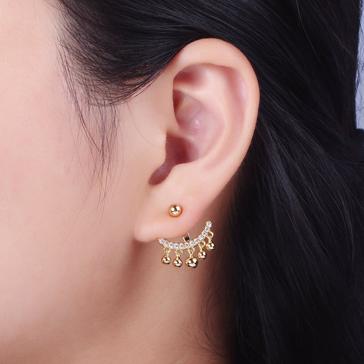 Gold Filled Micro Paved CZ Arc Line Bead Drop Earring Jacket in Gold & Silver | Y-256 Y-257 - DLUXCA