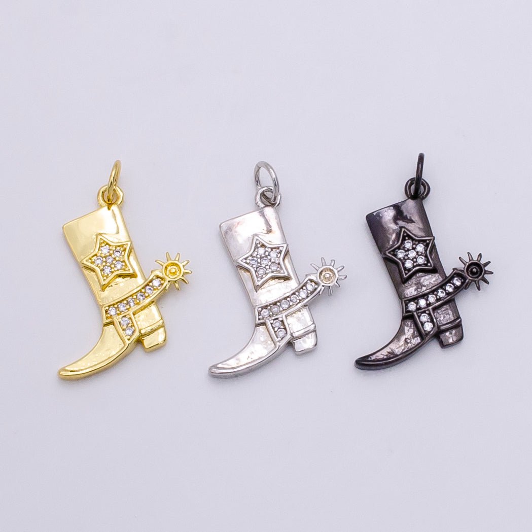 Gold Filled Micro Paved CZ Star Country Cowboy Boots Charm in Gold, Silver, Black | C-247 - DLUXCA