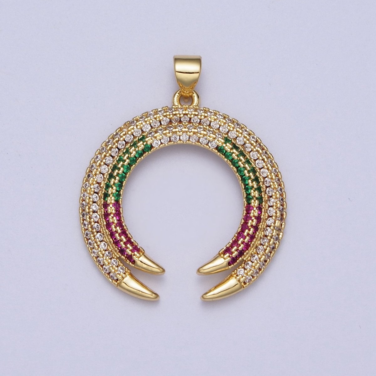 Gold-Filled Micro Paved Multicolor Crescent Moon Double Horn Pendant H-253 - DLUXCA
