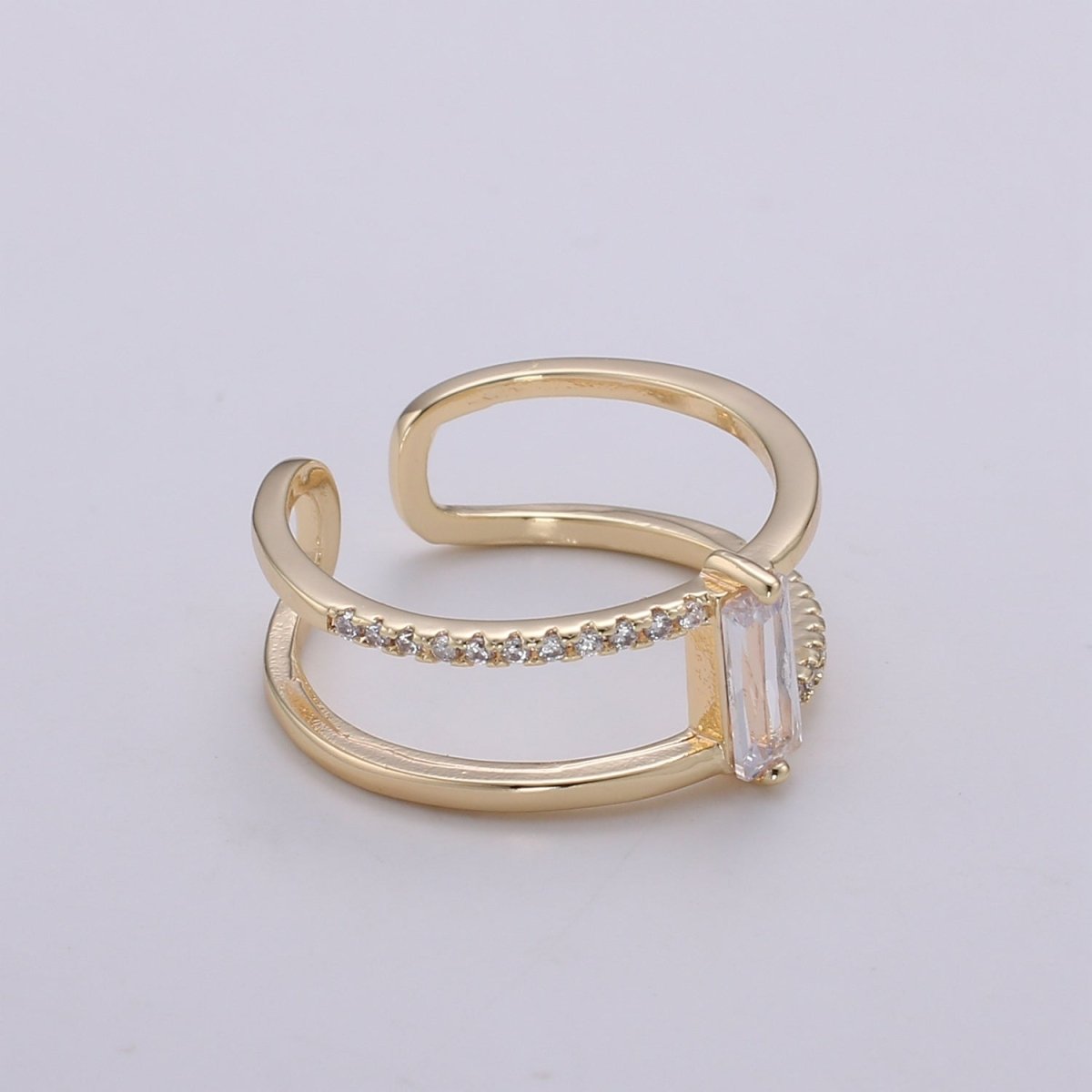 Gold Filled Minimalist Double Band Baguette Micro Paved Cubic Zirconia Dainty Gold Stacking Ring | Y313 Y314 - DLUXCA