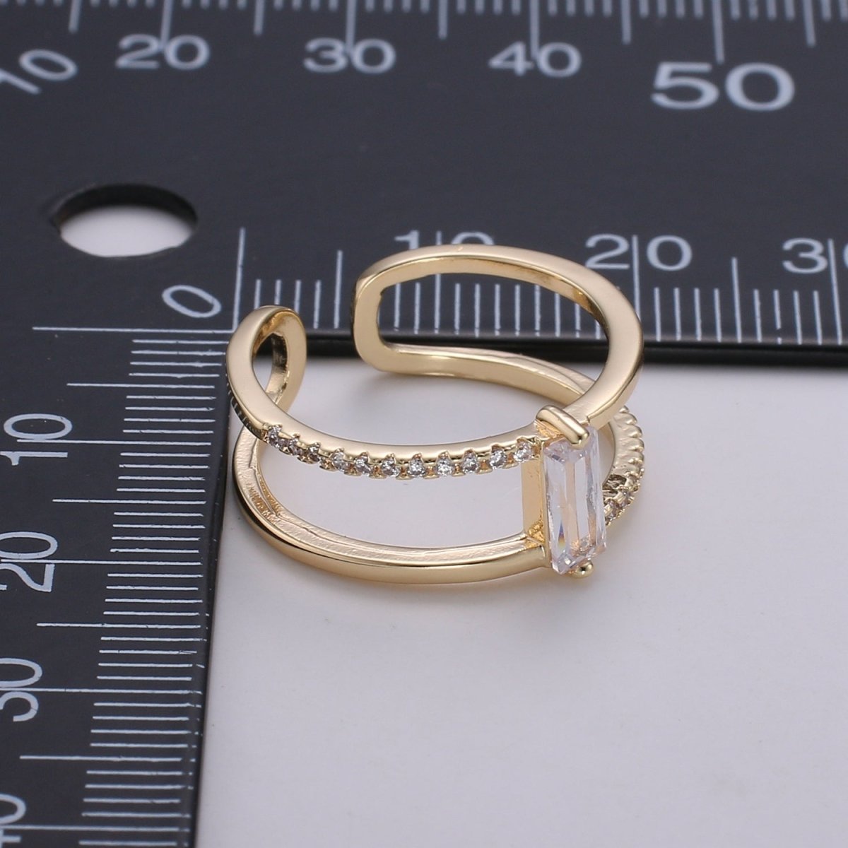 Gold Filled Minimalist Double Band Baguette Micro Paved Cubic Zirconia Dainty Gold Stacking Ring | Y313 Y314 - DLUXCA