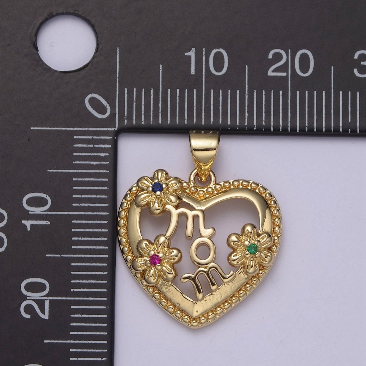 Gold Filled Mom charm, Gold Heart pendant Flower Floral Mother Day Gift Minimalist Jewelry J-381 - DLUXCA
