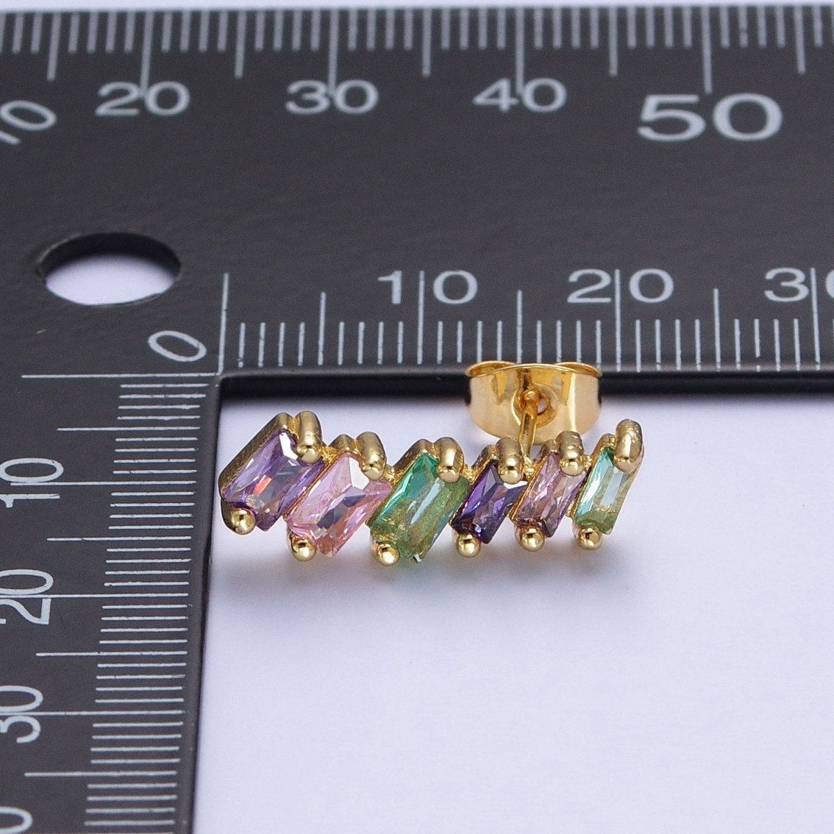 Gold Filled Multicolor Baguette Cubic Zirconia CZ Stud Earrings T-025 - DLUXCA