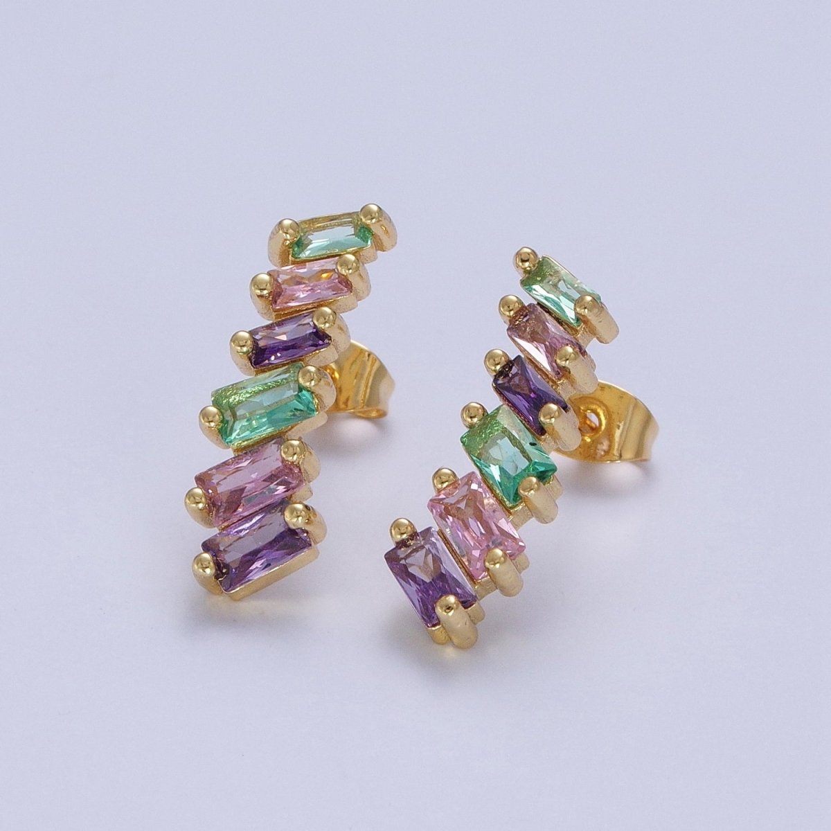 Gold Filled Multicolor Baguette Cubic Zirconia CZ Stud Earrings T-025 - DLUXCA
