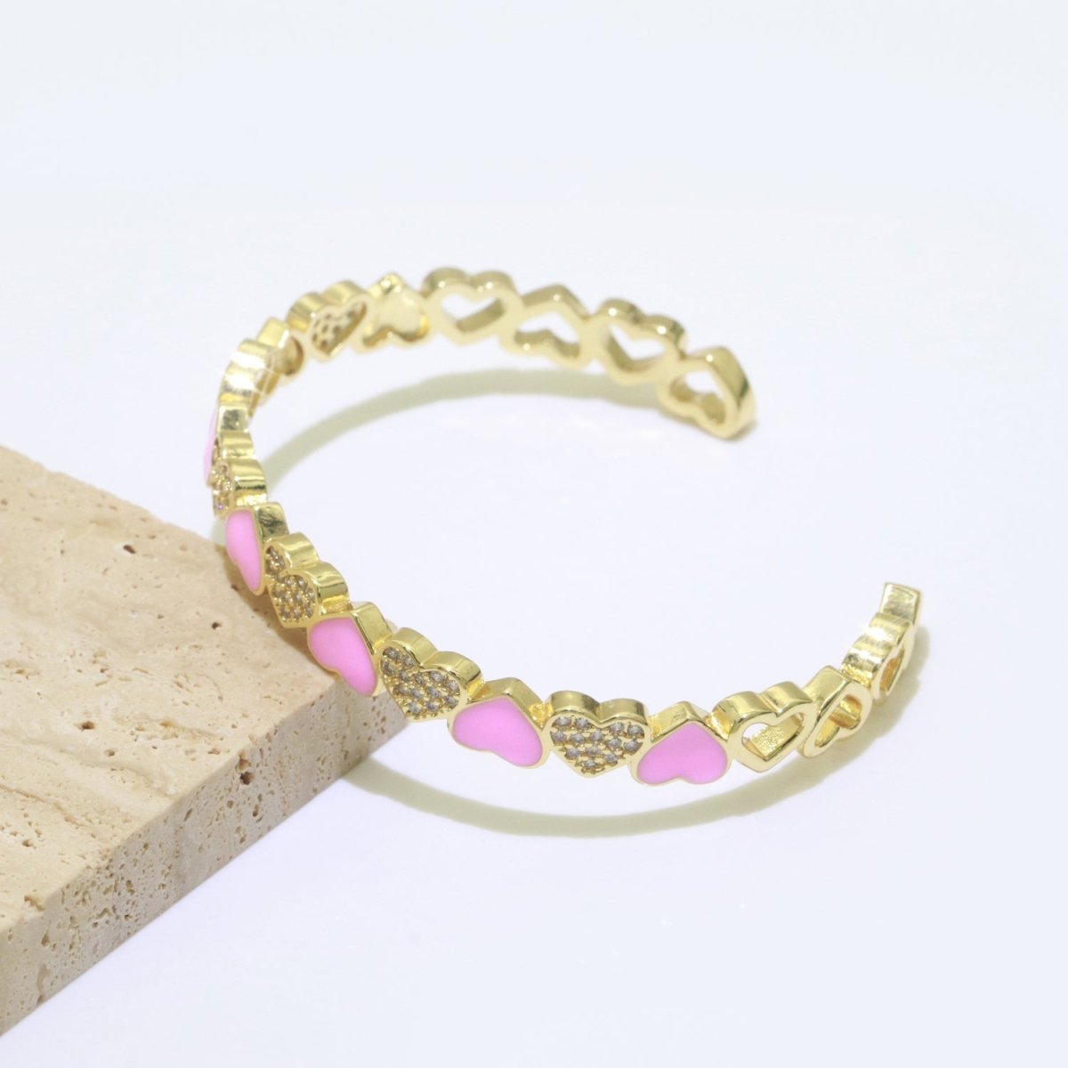 Gold Filled Open Cuff Cubic Zirconia Enamel Heart Bangle Bracelet | WA-153 to WA-162 Clearance Pricing - DLUXCA