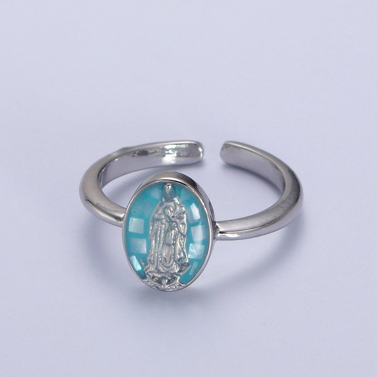Gold Filled Oval Virgin Mother Mary Shell Opal Ring in Gold & Silver S-397 - S-400, Y-489 - Y-494 - DLUXCA