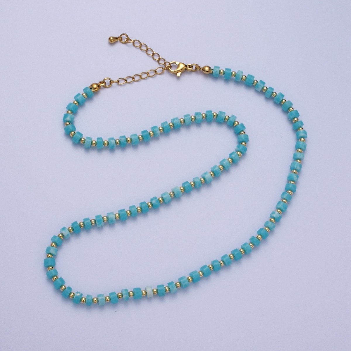 Gold Filled Peruvian Blue Opal Rondelle Heishi Gemstone Gold Spacer Beads 15.5 Inch Choker Necklace | WA-1428 Clearance Pricing - DLUXCA