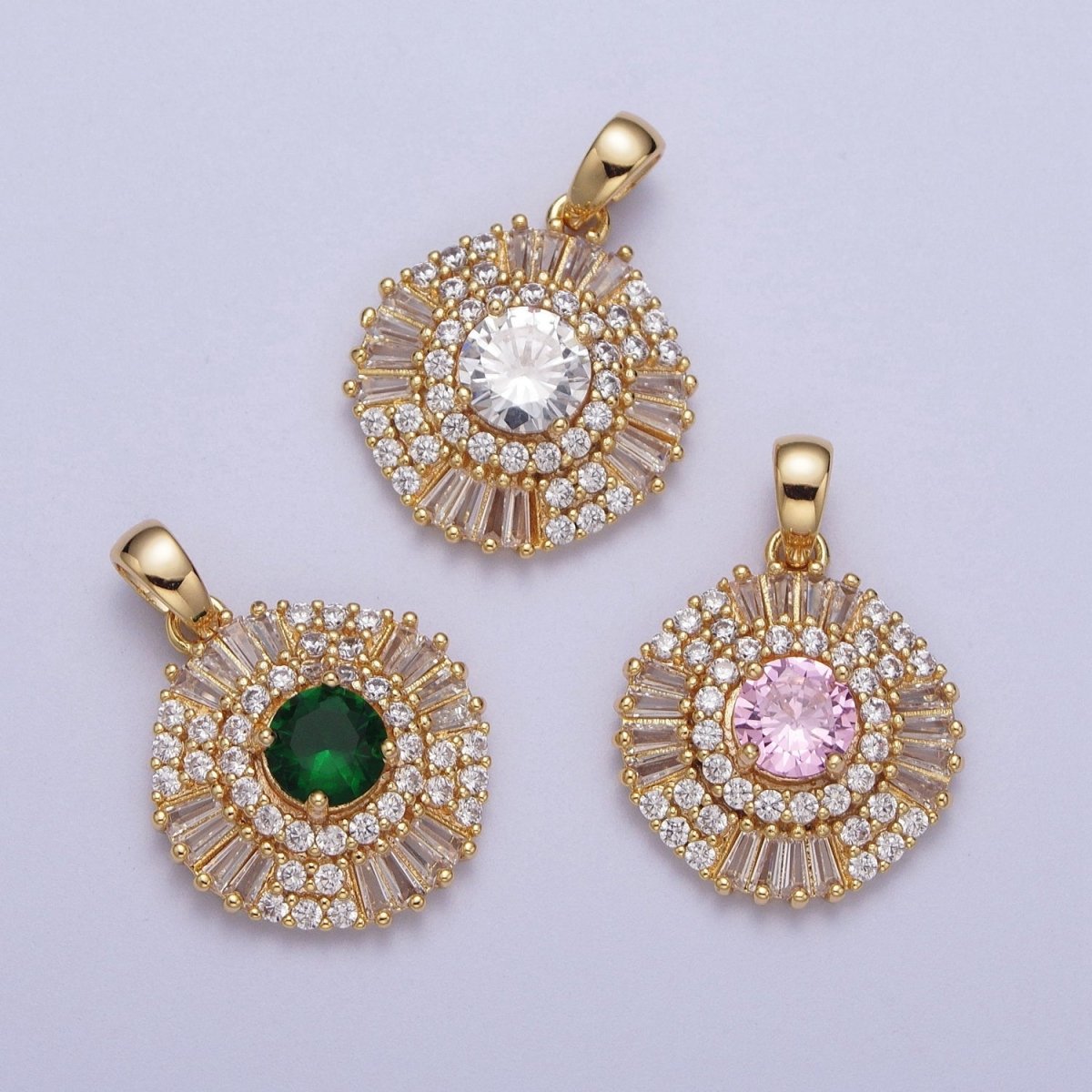 Gold Filled Pink Clear Green Cubic Zirconia Micro Paved Baguette Round Medallion Pendant For Jewelry Making | X-693 X-694 X-695 - DLUXCA