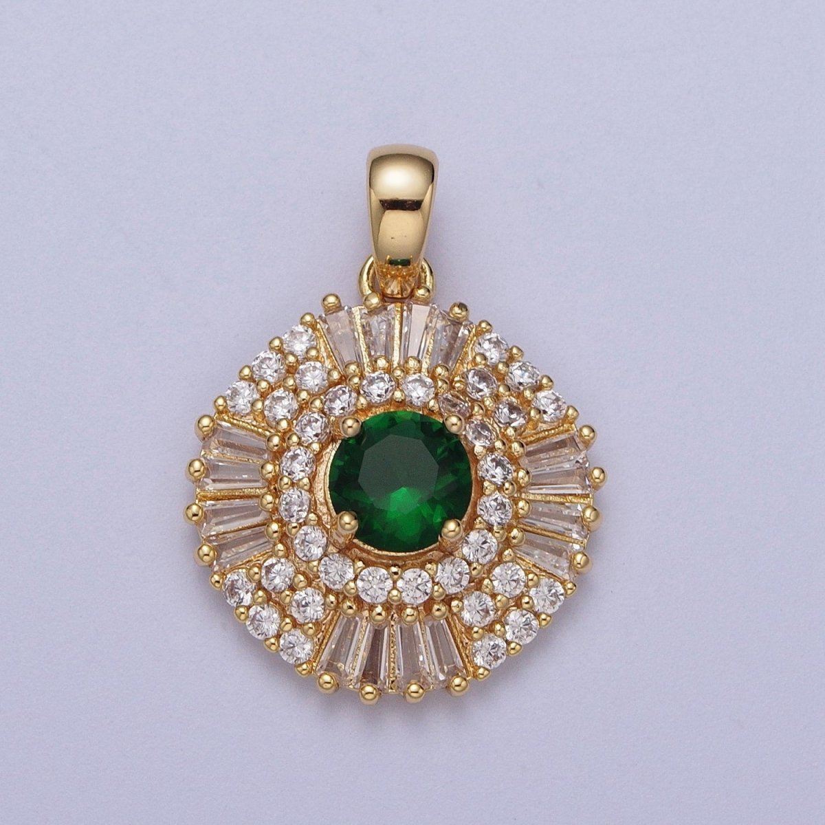 Gold Filled Pink Clear Green Cubic Zirconia Micro Paved Baguette Round Medallion Pendant For Jewelry Making | X-693 X-694 X-695 - DLUXCA
